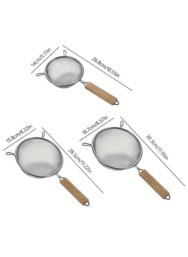 Stainless Steel Frying Spoon Set 3 Pieces Double Ear Wooden Handle Fine Mesh Slag Remover Hanging Design Kitchen Tool - Image 4