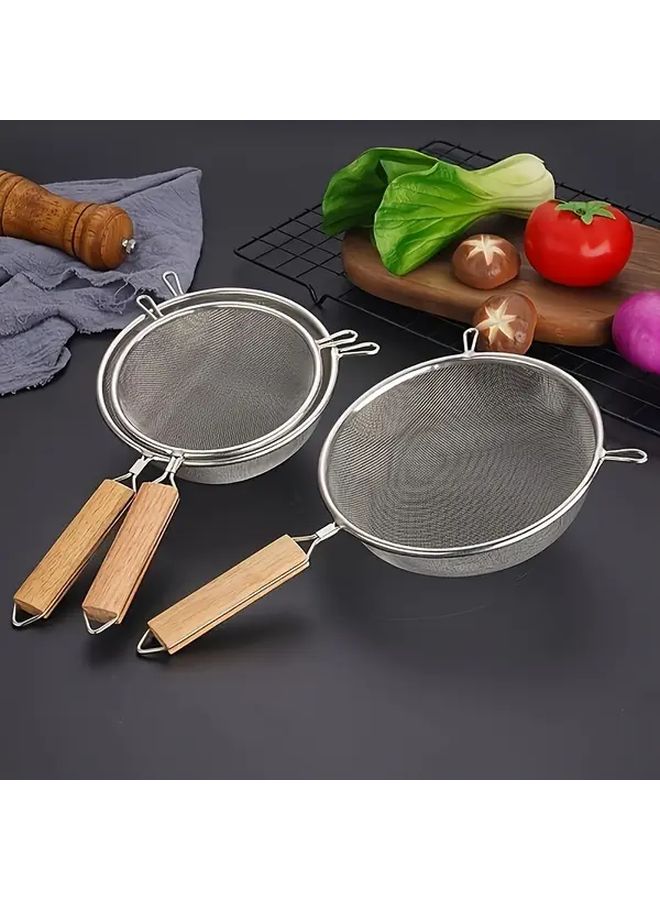 Stainless Steel Frying Spoon Set 3 Pieces Double Ear Wooden Handle Fine Mesh Slag Remover Hanging Design Kitchen Tool - Image 1