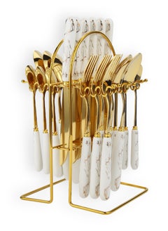 Sunhome 24-Piece Stainless Steel Cutlery Set With Stand White/Gold  - Image 1