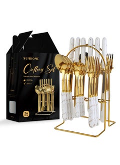 Sunhome 24-Piece Stainless Steel Cutlery Set With Stand White/Gold  - Image 2