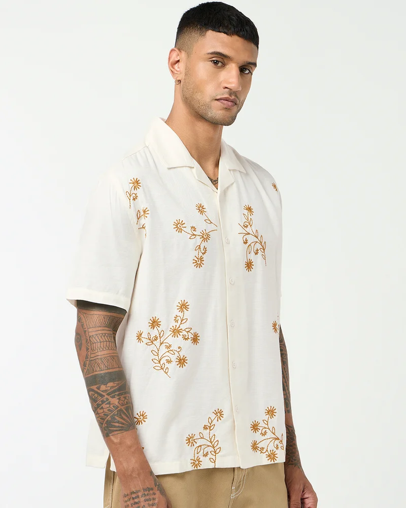 bewakoof Men's Off White Embroidered Oversized Shirt