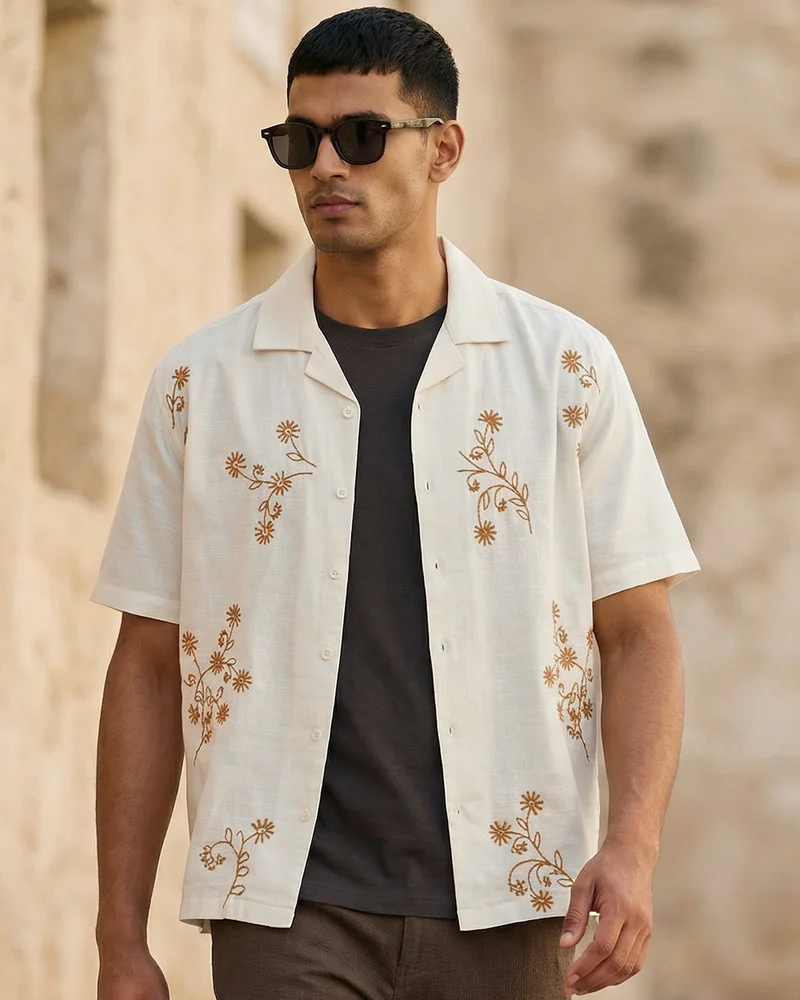 bewakoof Men's Off White Embroidered Oversized Shirt