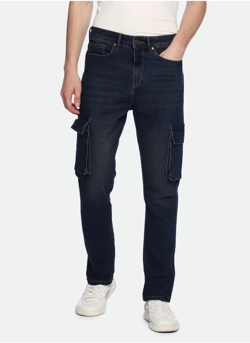 Dennis Lingo Straight Fit Mid Blue Men's Jeans with Button & Zip Closure (Denim)