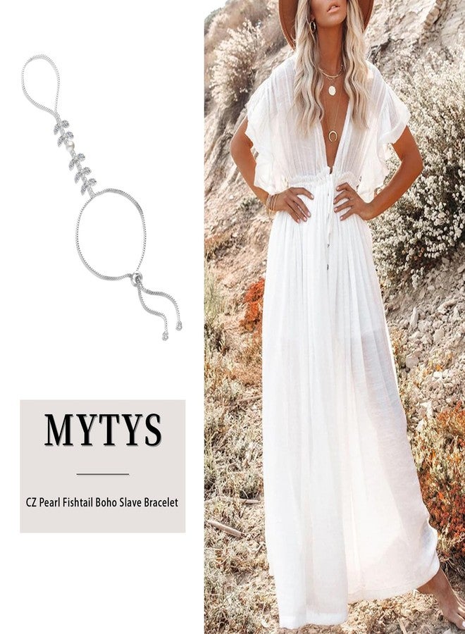 Mytys أساور حلقة ميتيس سي زد سلسلة فضية - سوار ذيل سمكة لؤلؤي بوهيمي - حلقة مع سوار مرفق أساور يد غير قابلة للتأكسد للنساء - 6 إلى 8 طول (فضي ب)  - Image 4