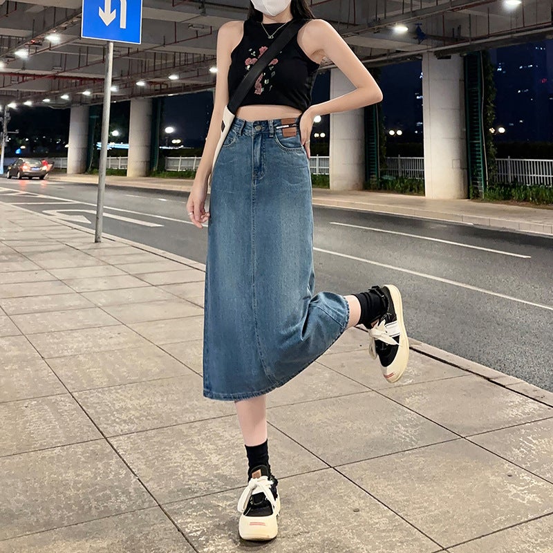 Retro Split Half-length Denim Skirt Women's Ins Trendy Fashion High Waist Design Leather Brand A- word Retro Hip