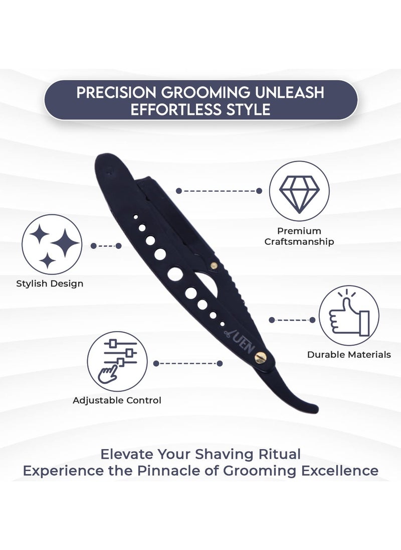 UEN Manual Fold Shaving Razor for Men-Straight Single Edge-Stainless-Men Gift with Leather Travel Purse-Used for Moustache Beard & Body Shaving-MATT BLACK  - Image 2