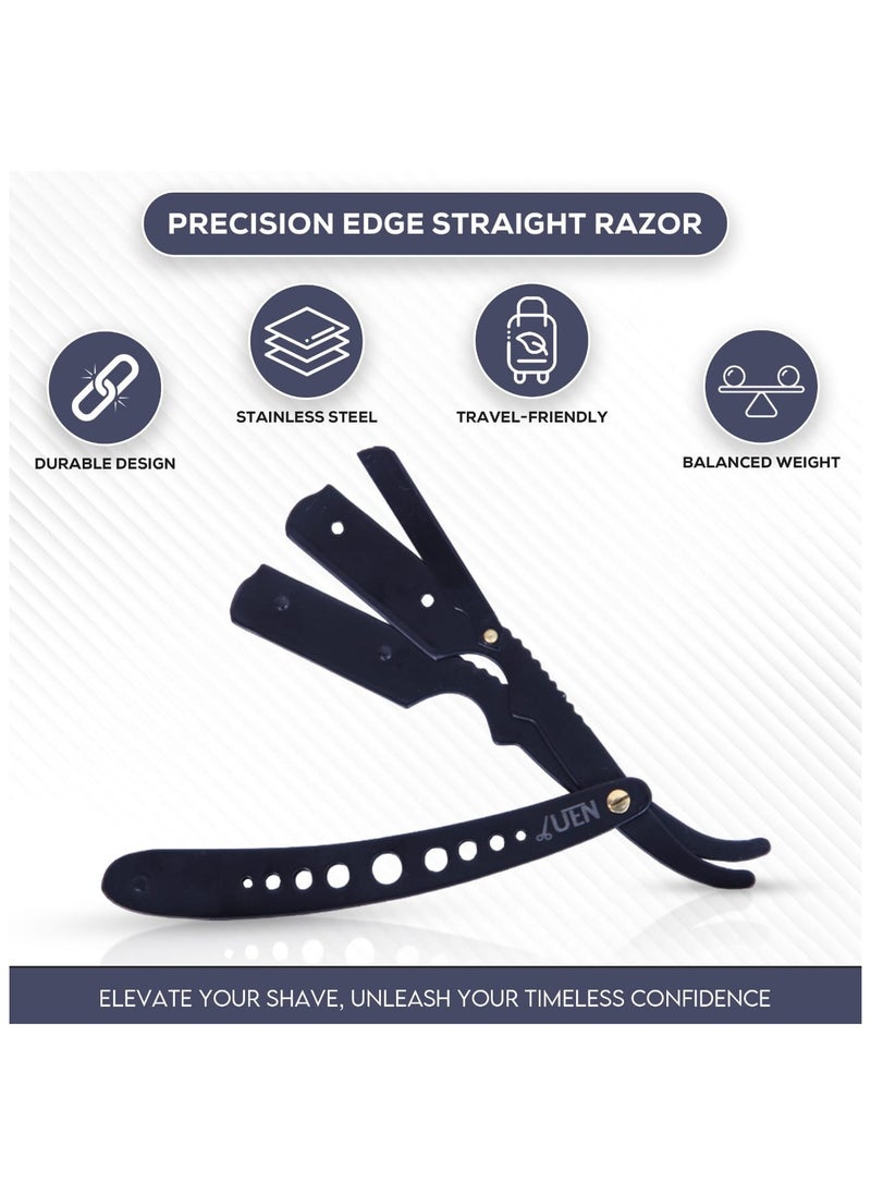 UEN Manual Fold Shaving Razor for Men-Straight Single Edge-Stainless-Men Gift with Leather Travel Purse-Used for Moustache Beard & Body Shaving-MATT BLACK  - Image 3