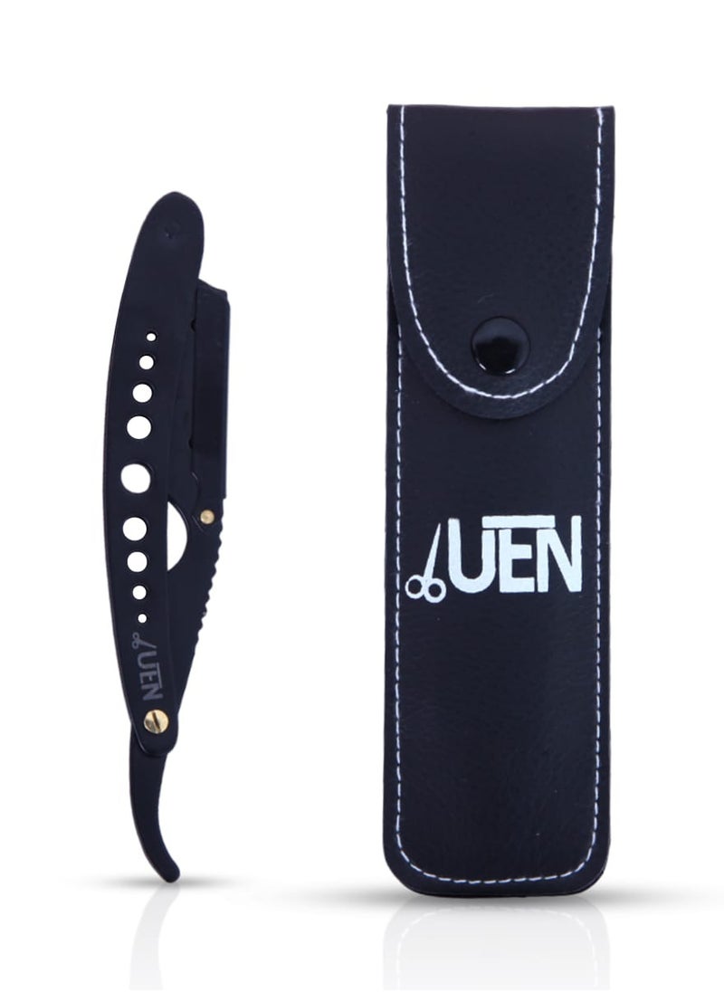 UEN Manual Fold Shaving Razor for Men-Straight Single Edge-Stainless-Men Gift with Leather Travel Purse-Used for Moustache Beard & Body Shaving-MATT BLACK  - Image 1