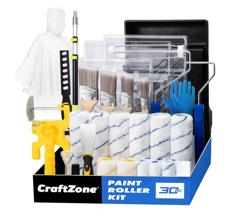CRAFTZONE 30PCS Paint Roller Kit with Extension Pole-2 to 4 FT,Wall Painting Supplies with Paint Edger Roller Brush 12",House Painting Set with Rainsuit & Drop Cloth for Home|Office|Shop Professional Painting - Image 1