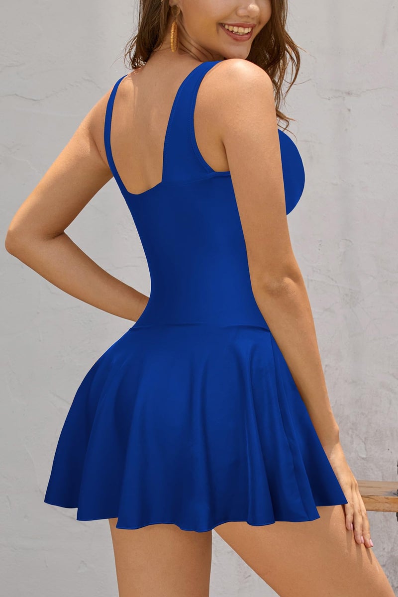 SHEKINI Women's V Neck One Piece Skirt Swimsuit Ruched Retro Swimdress Bathing Suit (Large, Jewelry Blue) - Image 2