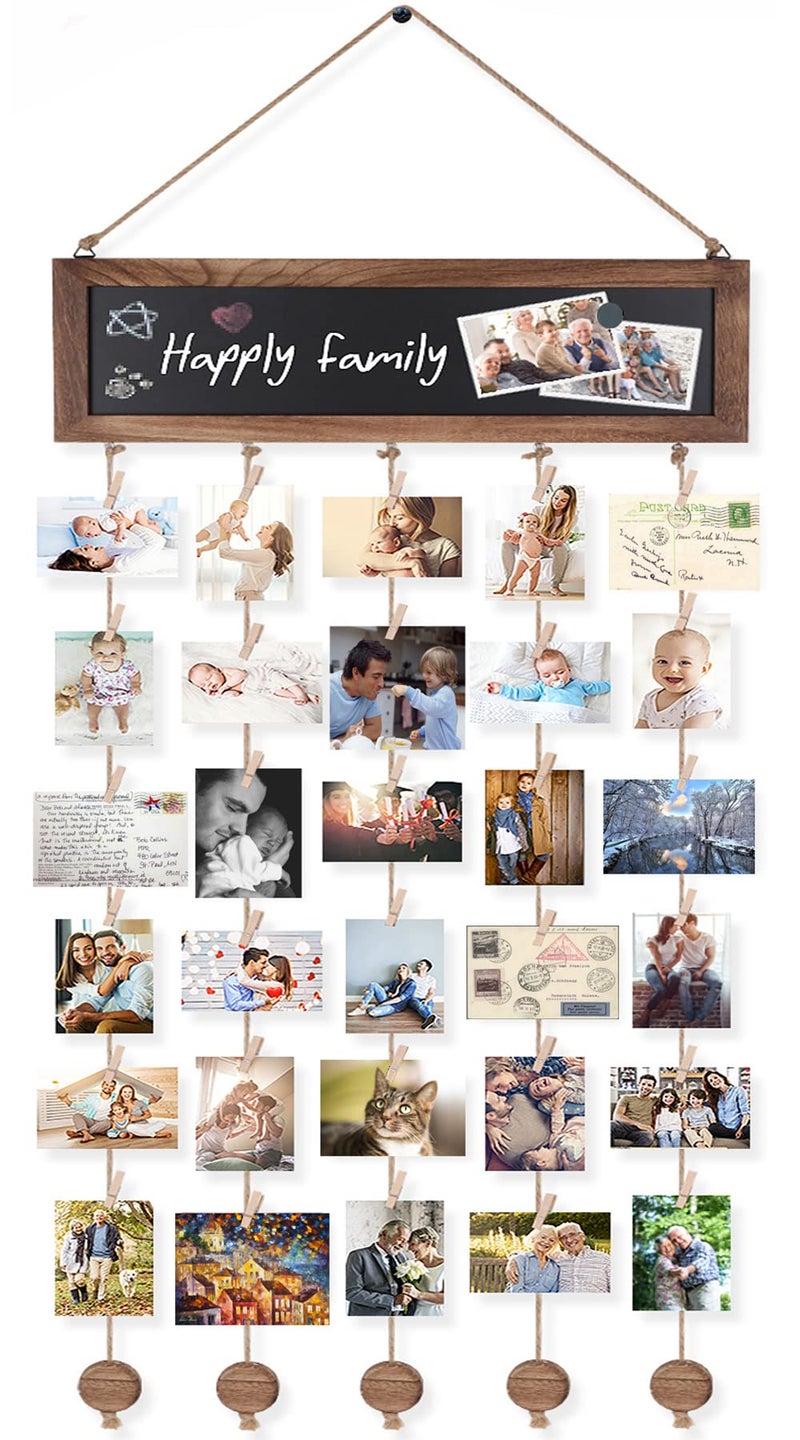 Bikoney Picture Frames Collage Photo Hanging Display Picture Board Wood Rustic Frames for Wall Decor and Dorm Room Decor with Blackboard and 30 Clips Carbonized Black - Image 1