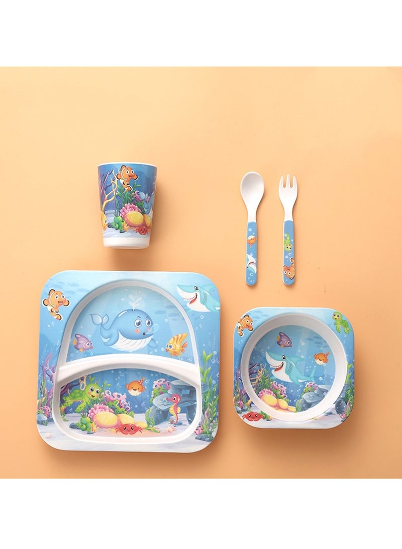 5pcs bamboo fiber tableware set creative cartoon bowl divided plate spoon fork cup gift tableware - Image 2