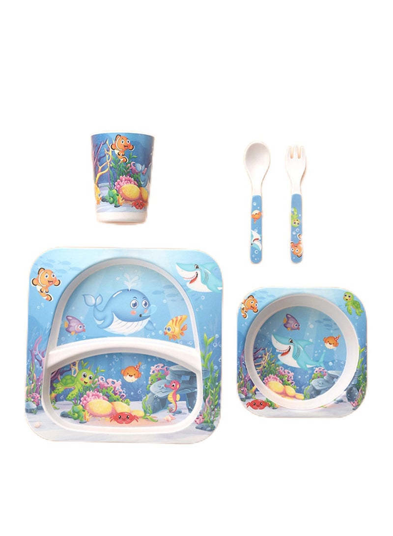 5pcs bamboo fiber tableware set creative cartoon bowl divided plate spoon fork cup gift tableware - Image 1