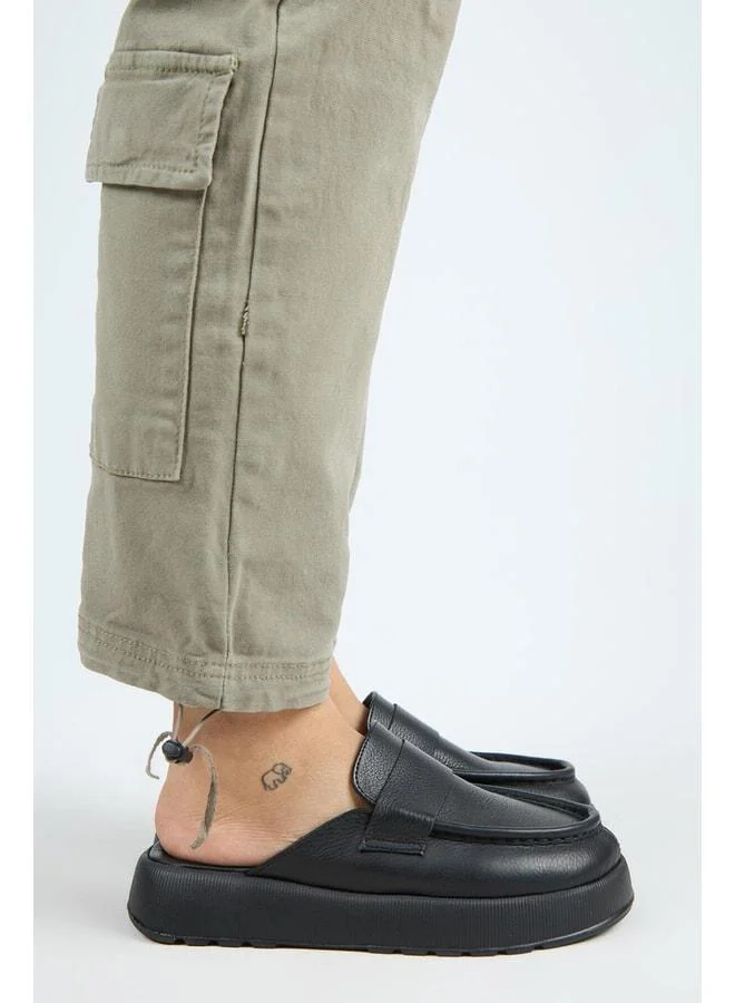 Tale Women's Genuine Leather Strap Sabo Black Slippers.