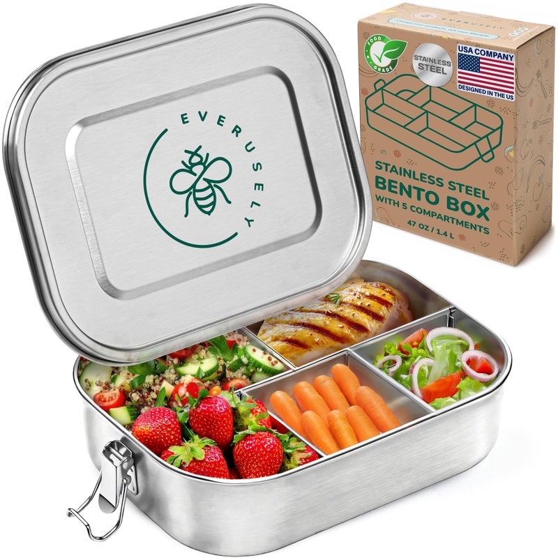 Everusely - Bento Box - Stainless Steel Lunch Box for Adults - 47 oz, 1.4 L - 5 Compartment Snack Container with Removable Silicone Seal + Secure Lock Clips - Non Plastic, Leakproof, Dishwasher Safe - Image 1