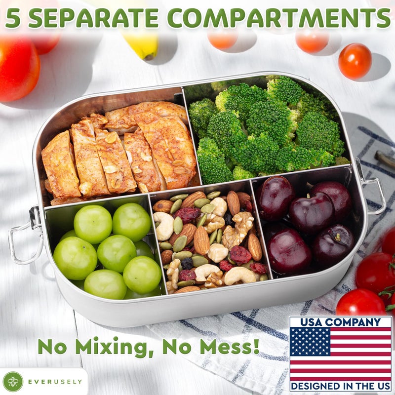 Everusely - Bento Box - Stainless Steel Lunch Box for Adults - 47 oz, 1.4 L - 5 Compartment Snack Container with Removable Silicone Seal + Secure Lock Clips - Non Plastic, Leakproof, Dishwasher Safe - Image 2
