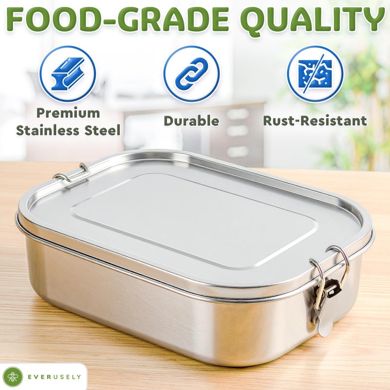 Everusely - Bento Box - Stainless Steel Lunch Box for Adults - 47 oz, 1.4 L - 5 Compartment Snack Container with Removable Silicone Seal + Secure Lock Clips - Non Plastic, Leakproof, Dishwasher Safe - Image 3