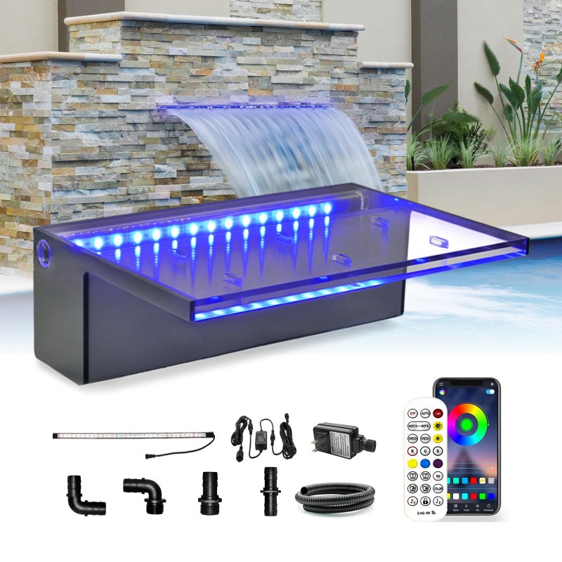 LONGRUN Waterfall Spillway APP Control MultiColor LED Light Outdoor Pool Fountain Acrylic Water Spillway Koi Pond Waterfalls Fountains Kit for Garden Patio Swimming Pool Decoration118
