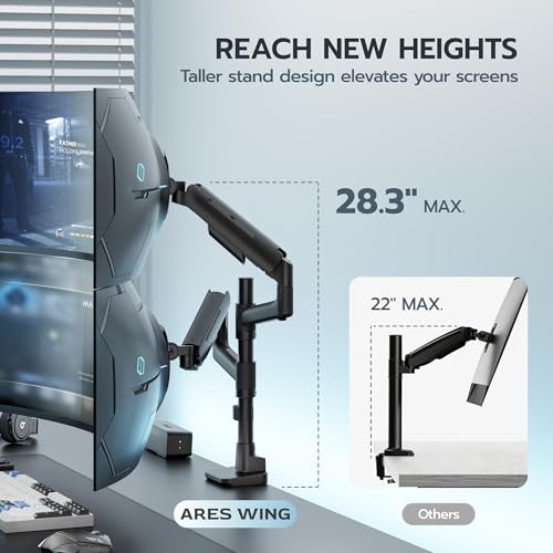 ARES WING Dual Monitor Mount for 17-49 Inch Ultrawide Heavy Duty Curved Screen, Computer Monitor Arm Desk Mount, Gas Spring Adjustable Vesa Stand, Black - Image 3