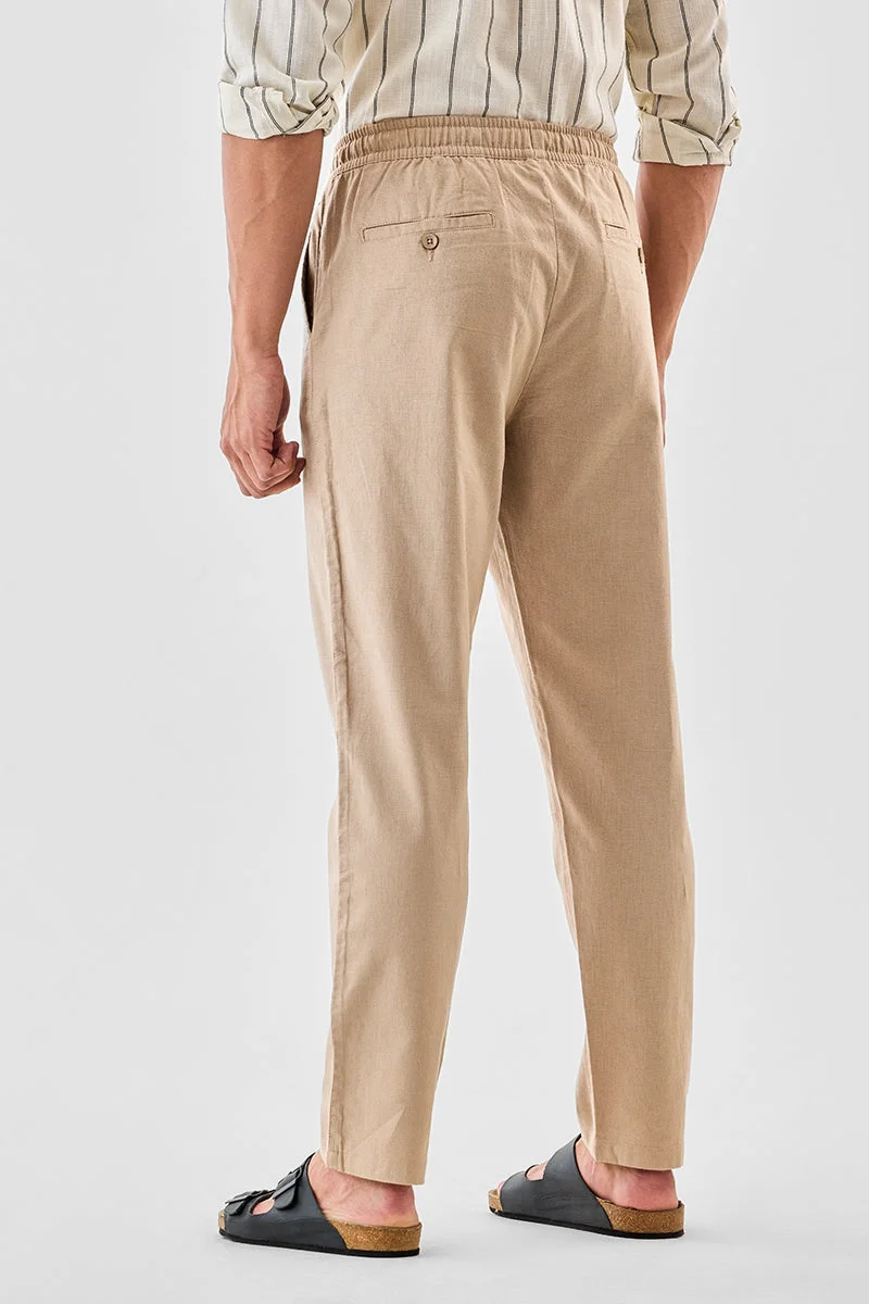 SNITCH Beige Linen Blend Slim Fit Trousers for Men | Best Price UAE