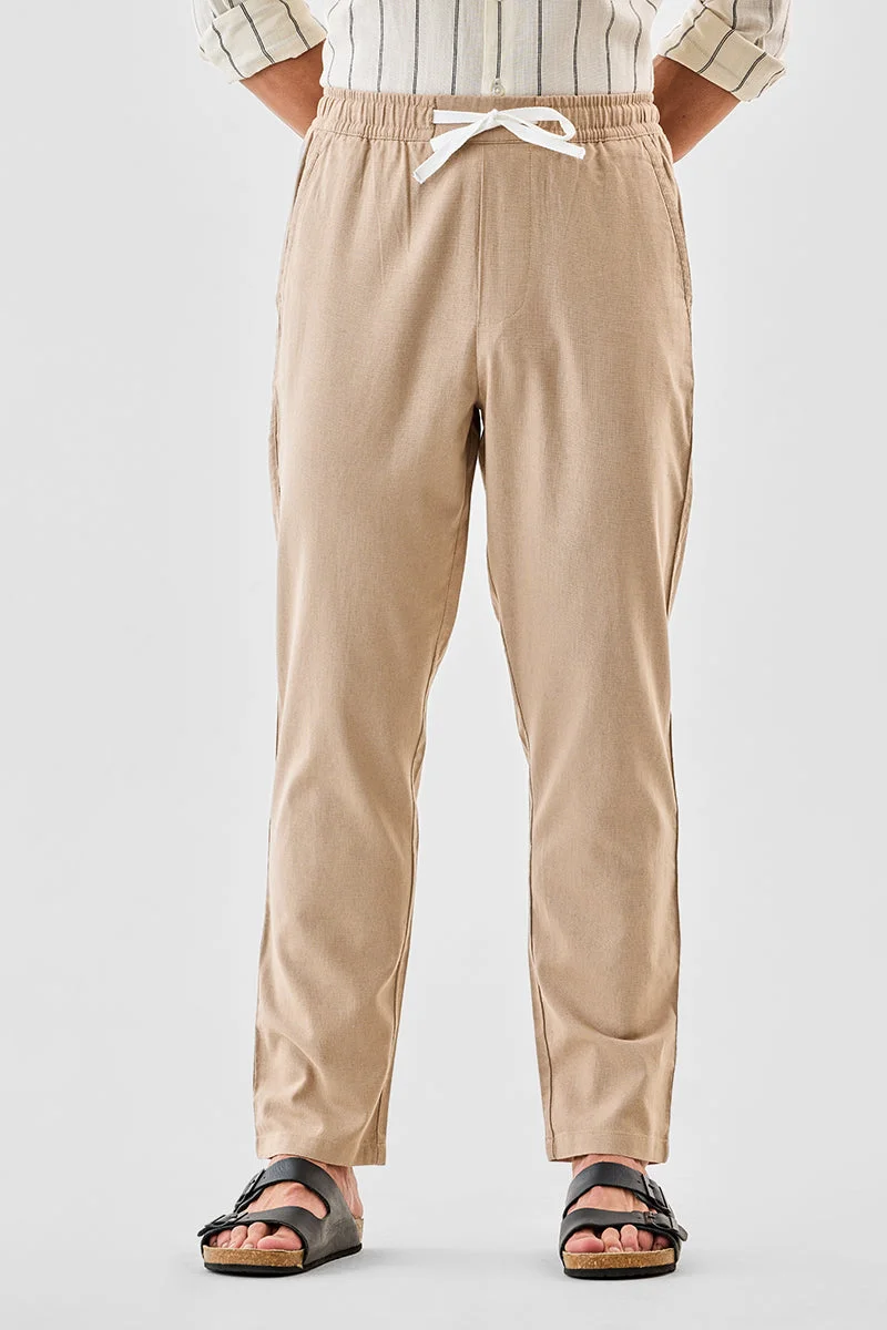 SNITCH Beige Linen Blend Slim Fit Trousers for Men | Best Price UAE