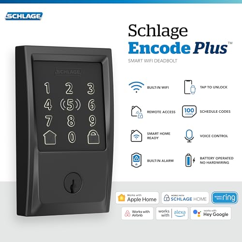 SCHLAGE قفل شلايخ إنكود بلس الذكي مع واي فاي للباب الأمامي، قفل بدون مفتاح، فتح باستخدام ساعة آبل، واي فاي مدمج وتحكم عبر التطبيق، تركيب سهل، متوافق مع أليكسا وApple HomeKit، أسود غير لامع - Image 2