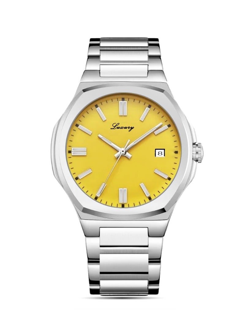 Men's steel wristwatch - Rolex style, water resistant, high quality, silver bracelet with yellow dial
