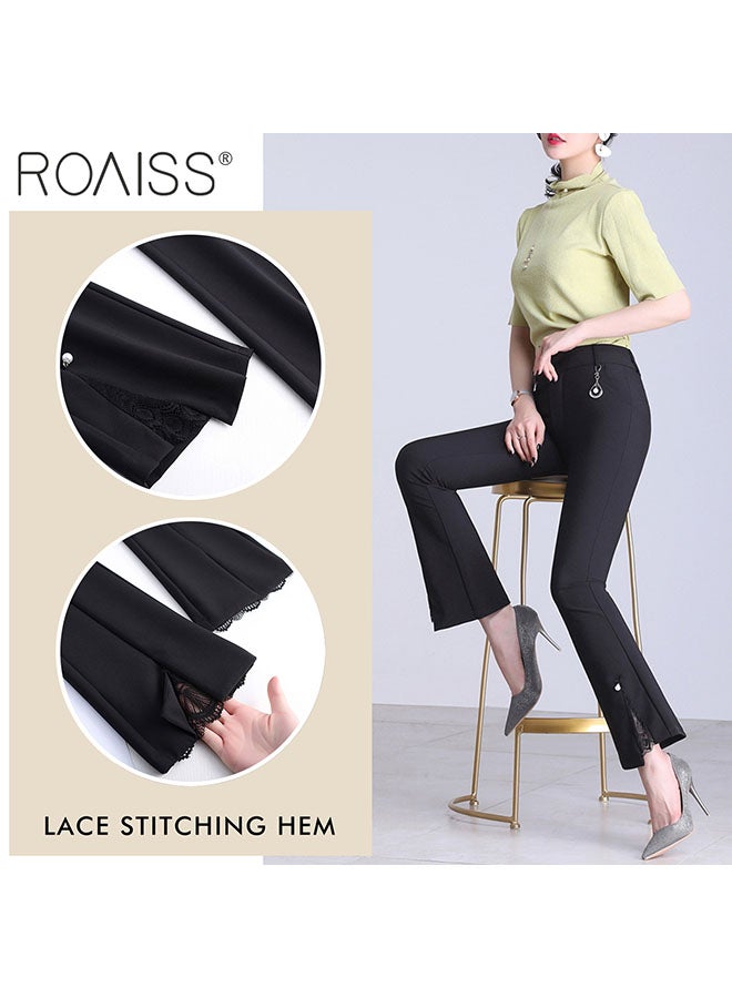 roaiss Women'S High Waisted Flared Pants Ankle Lace Stitching Design With Pearl Embellishments On The Calf Fashion Stretch Blazer Pants - Image 4