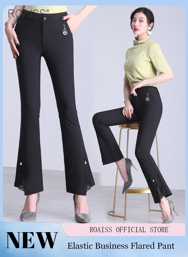 roaiss Women'S High Waisted Flared Pants Ankle Lace Stitching Design With Pearl Embellishments On The Calf Fashion Stretch Blazer Pants - Image 2