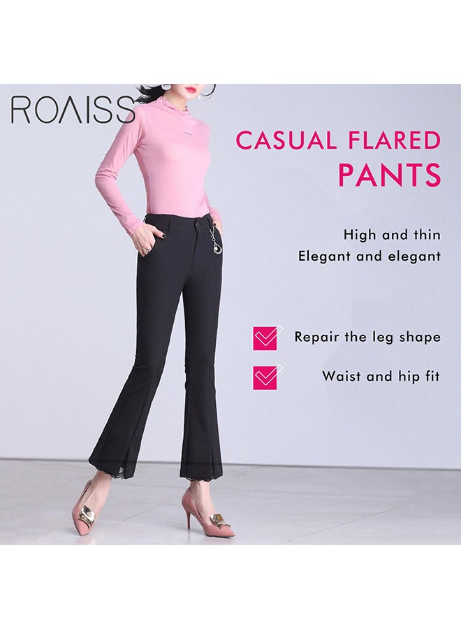roaiss Women'S High Waisted Flared Pants Ankle Lace Stitching Design With Pearl Embellishments On The Calf Fashion Stretch Blazer Pants - Image 1