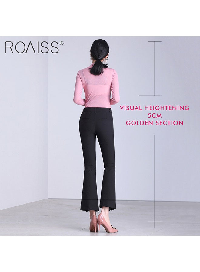 roaiss Women'S High Waisted Flared Pants Ankle Lace Stitching Design With Pearl Embellishments On The Calf Fashion Stretch Blazer Pants - Image 3