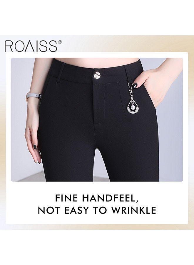 roaiss Women'S High Waisted Flared Pants Ankle Lace Stitching Design With Pearl Embellishments On The Calf Fashion Stretch Blazer Pants - Image 5