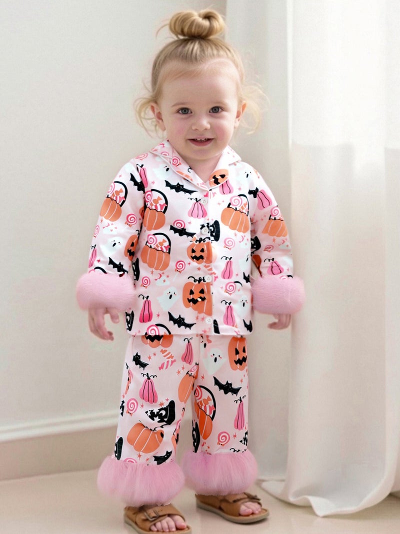Baby Girls Halloween Pajamas Set Feather Cuffs Pumpkin Print Button up Shirt and Elastic Pants for Loungewear - Image 5