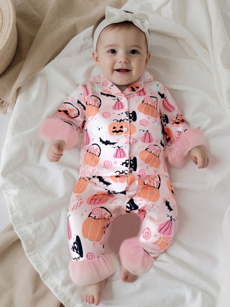 Baby Girls Halloween Pajamas Set Feather Cuffs Pumpkin Print Button up Shirt and Elastic Pants for Loungewear - Image 2