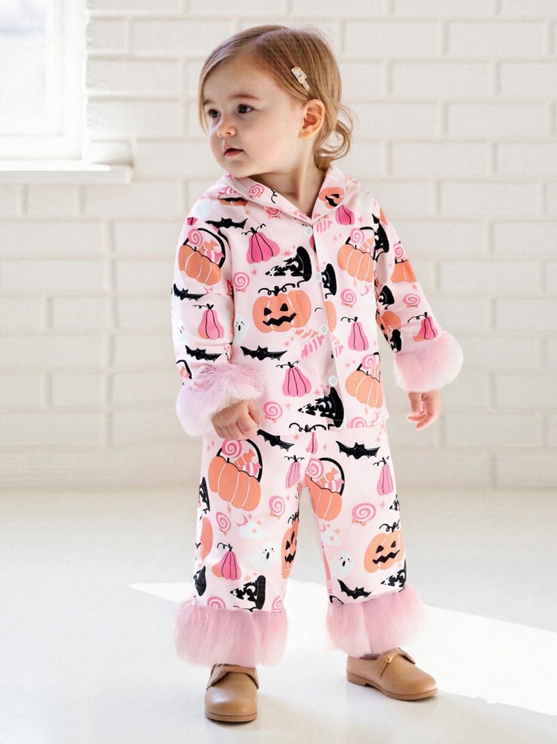 Baby Girls Halloween Pajamas Set Feather Cuffs Pumpkin Print Button up Shirt and Elastic Pants for Loungewear - Image 1