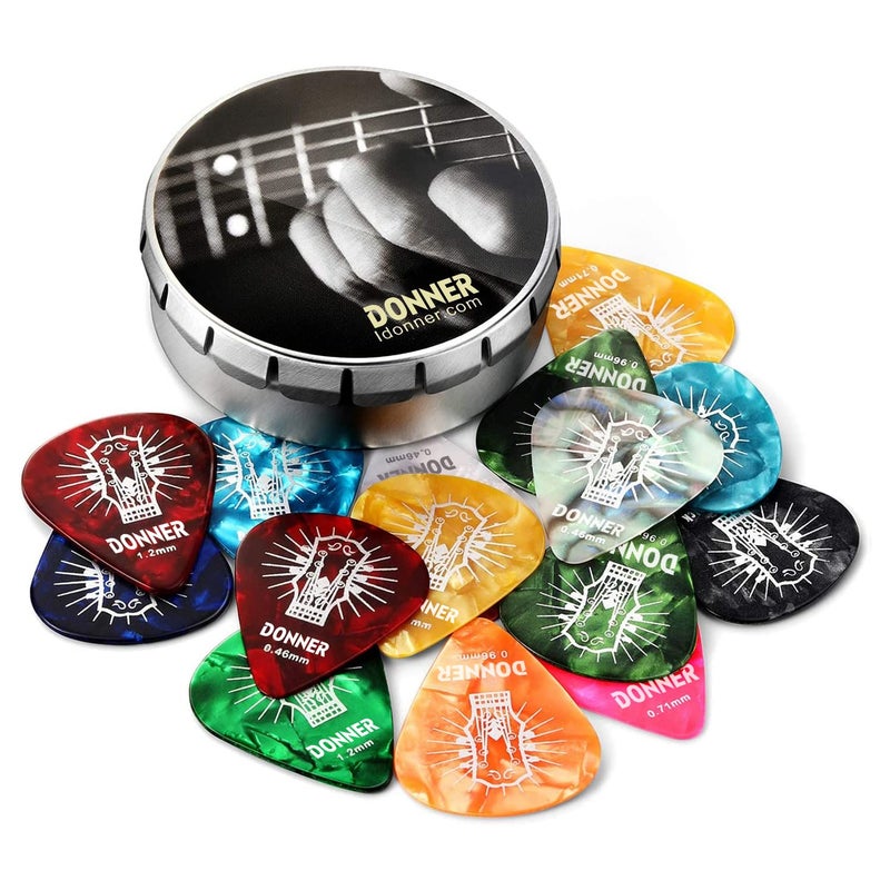 Donner Celluloid Guitar Picks, 16pcs Guitar Plectrum Including Thin, Medium, Heavy & Extra Heavy Gauges (0.46mm-1.2mm) - Image 1
