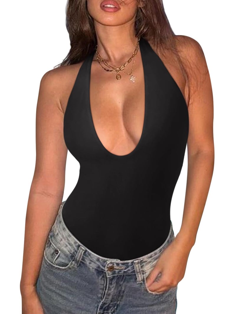 REORIA Bodysuits for Women Halter Tops 2025 Summer V Neck Backless Body Suits Tank Top Trendy Fashion Clothing Black Small - Image 1
