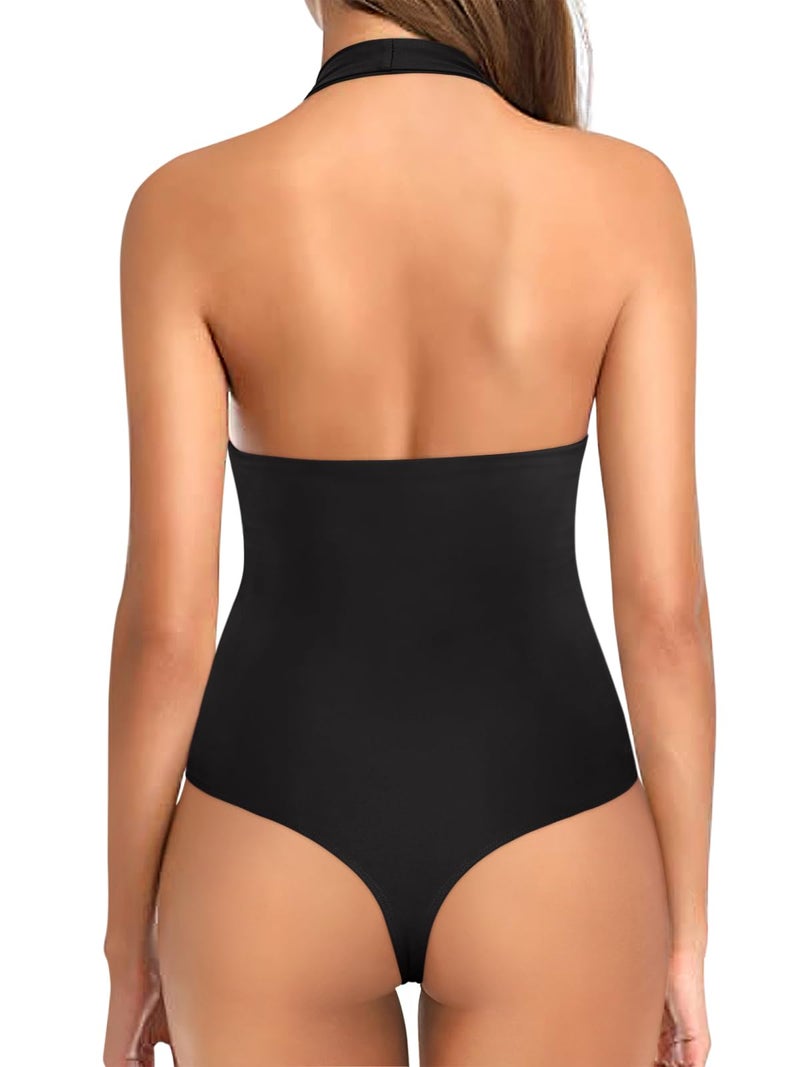 REORIA Bodysuits for Women Halter Tops 2025 Summer V Neck Backless Body Suits Tank Top Trendy Fashion Clothing Black Small - Image 4