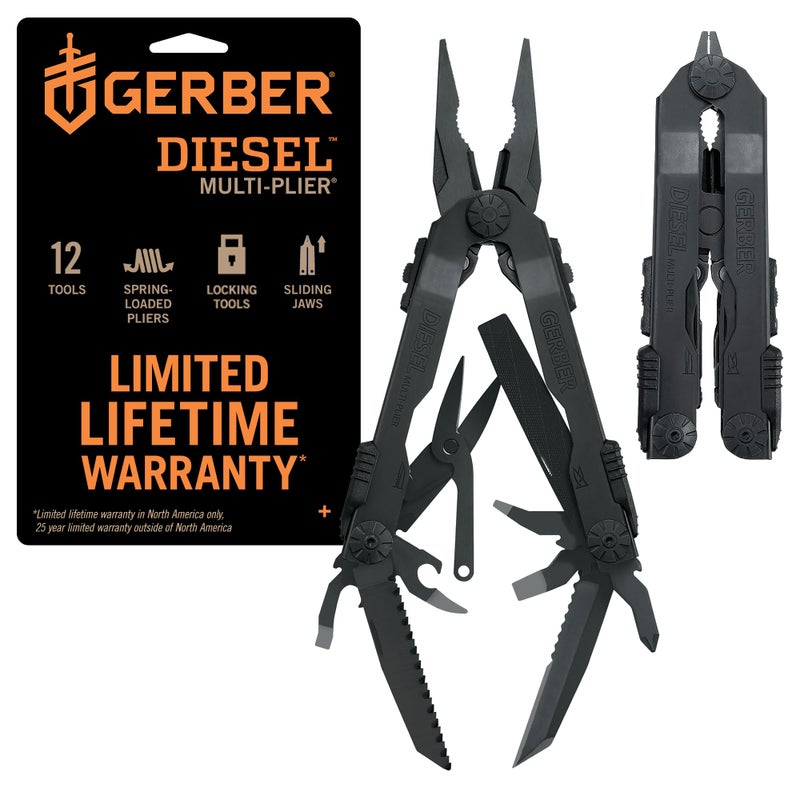 Gerber Gear Diesel Multitool Needle Nose Pliers Set 12in1 EDC MultiTool  Survival Gear and Equipment Black