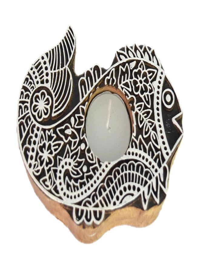 Global Art Fish Shape Tea Light Holder Wooden | Indian Traditional Fabric Wooden Printing Block � Hand Carving Candle Holder, Block Printing i77-193 - Image 1