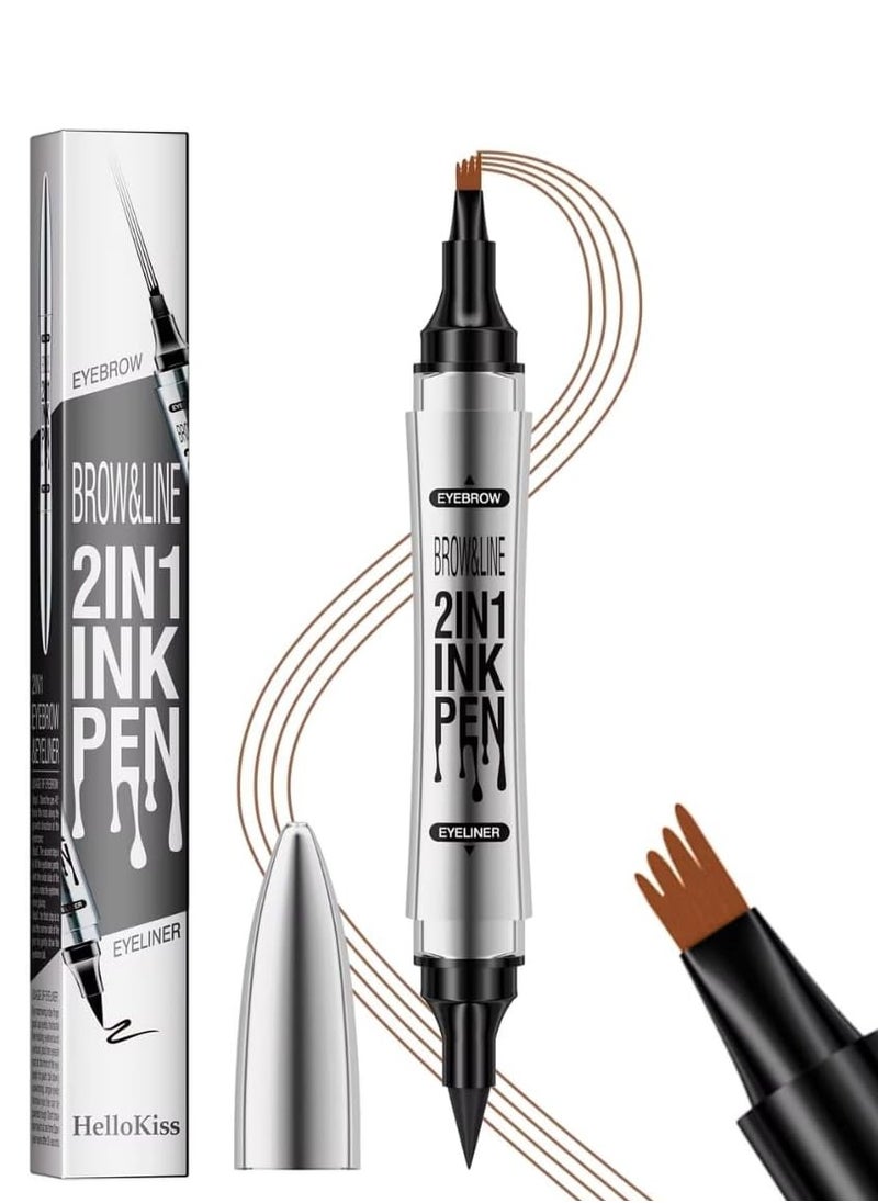 HelloKiss Brow and Line 2in1 Ink Pen for Eyebrow and Eyeliner Pen Waterproof Eyeliner Pencil 3D Microblading Eyebrow Tattoo Pencil 4 Fork Tip with Eyeliner Eyebrow and Black Eyeliner Pencil Light Brown 01  - Image 1