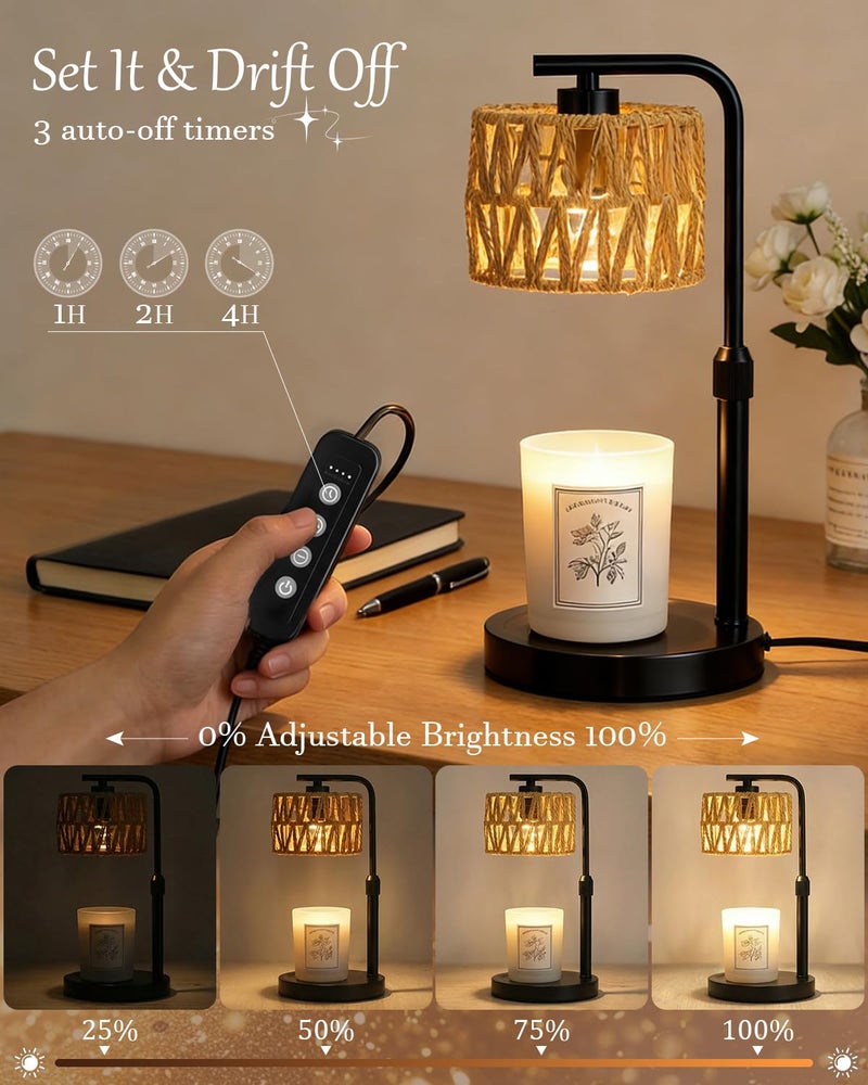 FUNNYBEHOM Candle Warmer Lamp, Timer Dimmable Candle Lamp, Adjustable Height and Brightness Candle Warmer, Boho Rattan Lampshade and 2 Bulbs, Suitable for Home Decor, Birthday Gifts for Women Mom (Black) - Image 2