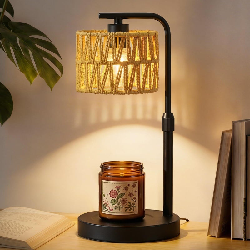 FUNNYBEHOM Candle Warmer Lamp, Timer Dimmable Candle Lamp, Adjustable Height and Brightness Candle Warmer, Boho Rattan Lampshade and 2 Bulbs, Suitable for Home Decor, Birthday Gifts for Women Mom (Black) - Image 1