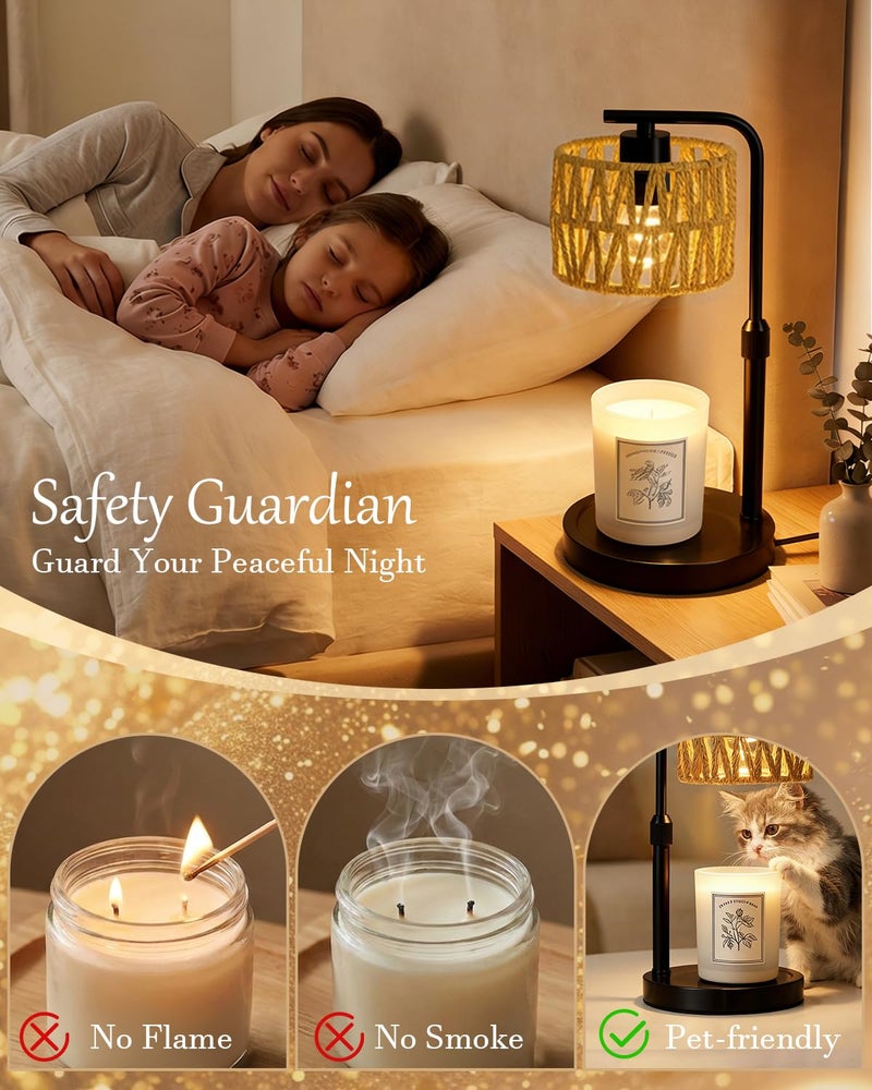 FUNNYBEHOM Candle Warmer Lamp, Timer Dimmable Candle Lamp, Adjustable Height and Brightness Candle Warmer, Boho Rattan Lampshade and 2 Bulbs, Suitable for Home Decor, Birthday Gifts for Women Mom (Black) - Image 3