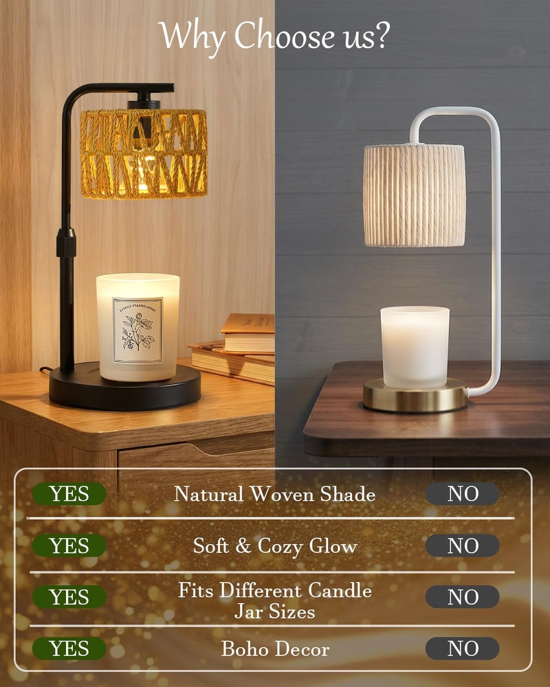 FUNNYBEHOM Candle Warmer Lamp, Timer Dimmable Candle Lamp, Adjustable Height and Brightness Candle Warmer, Boho Rattan Lampshade and 2 Bulbs, Suitable for Home Decor, Birthday Gifts for Women Mom (Black) - Image 4