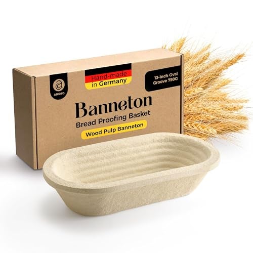 ABIOTO 13" Oval Wood Pulp Banneton Bread Proofing Basket – 1.5LB Brotform, Grooved Pattern– Non-Stick Natural Wood Pulp Pressed for Durability– Made in Germany Proofing Basket for Sourdough Bread Baking - Image 1