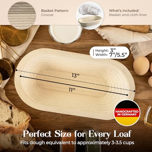 ABIOTO 13" Oval Wood Pulp Banneton Bread Proofing Basket – 1.5LB Brotform, Grooved Pattern– Non-Stick Natural Wood Pulp Pressed for Durability– Made in Germany Proofing Basket for Sourdough Bread Baking - Image 2