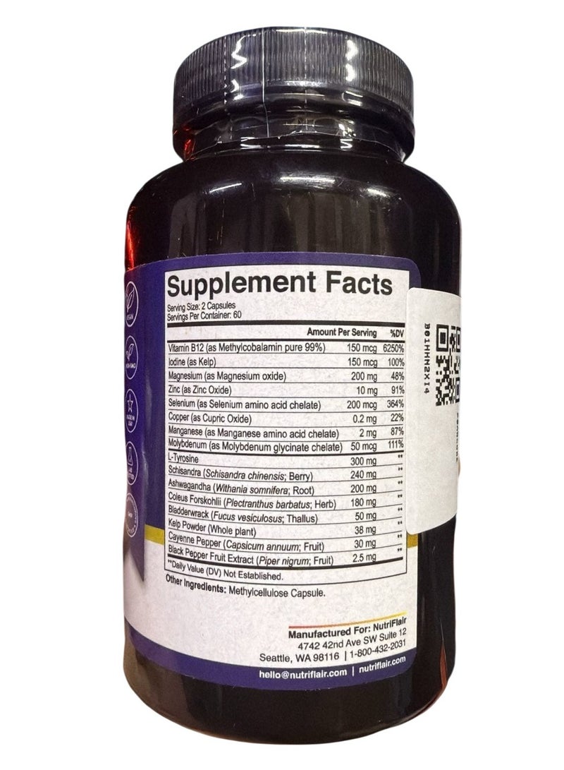 NutriFlair Thyroid Support Complex with Iodine, Black Pepper - 120 Capsules - Energy & Focus Supplement Formula for Women and Men, Boosts Brain Function & Metabolism, Concentration - Pills with B12, Ashwagandha  - Image 2