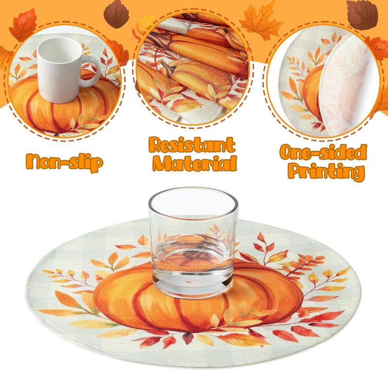 WATINC Autumn Pumpkin Fall Placemats  6pcs Autumn Round Place Mats Set Thanksgiving Harvest Circle Placemat Buffalo Plaid Leaves Table Plate Mat for Kitchen Dinner Dining Party Decor 15 inch - Image 3