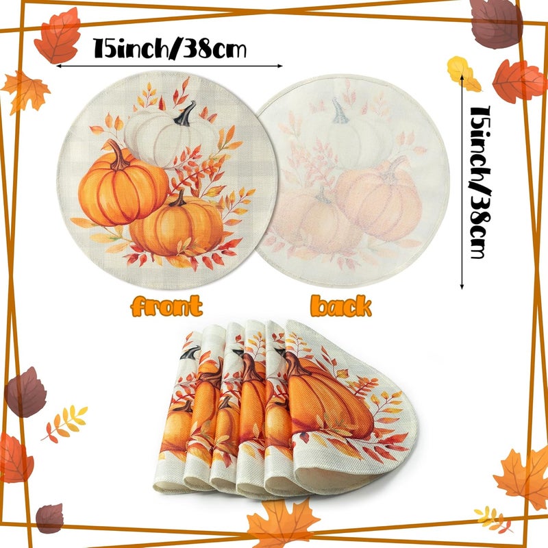 WATINC Autumn Pumpkin Fall Placemats  6pcs Autumn Round Place Mats Set Thanksgiving Harvest Circle Placemat Buffalo Plaid Leaves Table Plate Mat for Kitchen Dinner Dining Party Decor 15 inch - Image 2